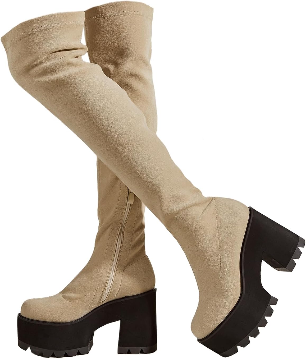 getmorebeauty Women Knee High Boots Chunky Heel Muffin Shoes Stretch Suede Round Toe Slip On Fashion Thigh High Boots