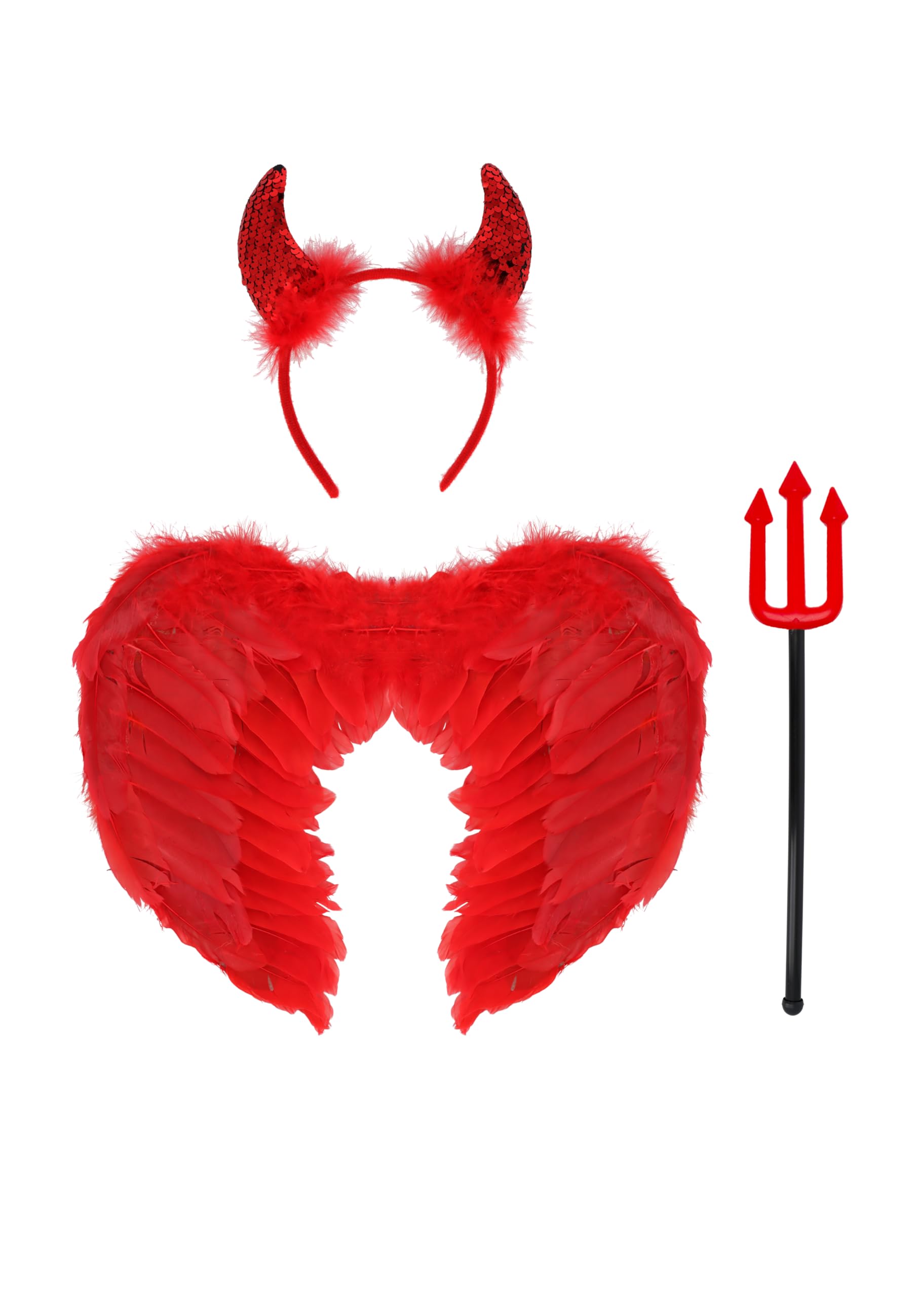 Henbrandt Red Single Pack - Adult 3-Piece Devil Fancy Dress Set - Feathe Wings, Horned Headband & Fork Trident Prop For Halloween Costume Parties & Events