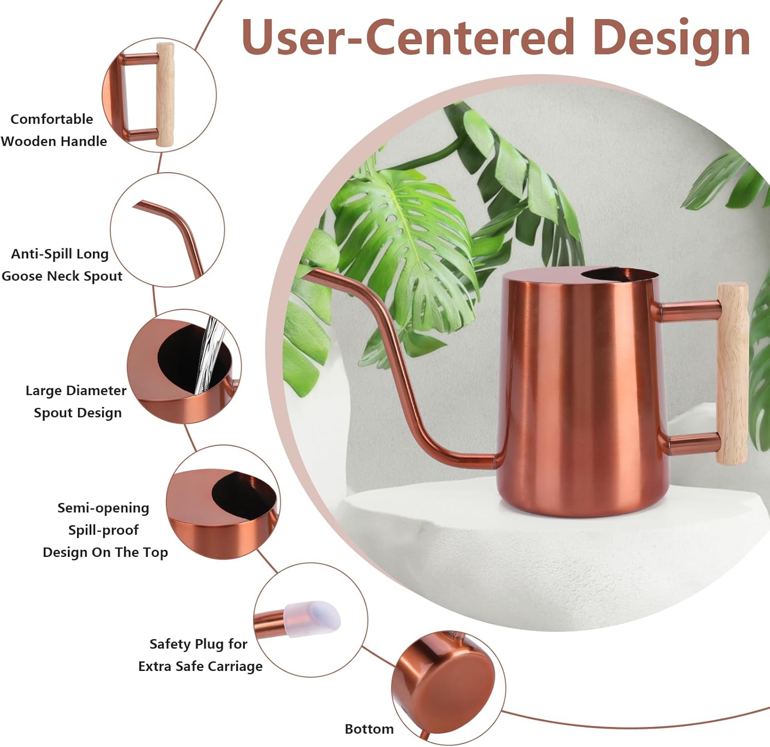 Watering Can Indoor Plants, 35oz Small Stainless Steel Metal Watering Can Modern Decorative Watering Pot with Long Spout for Indoor House Plant Bonsai Garden Flowers (Copper)