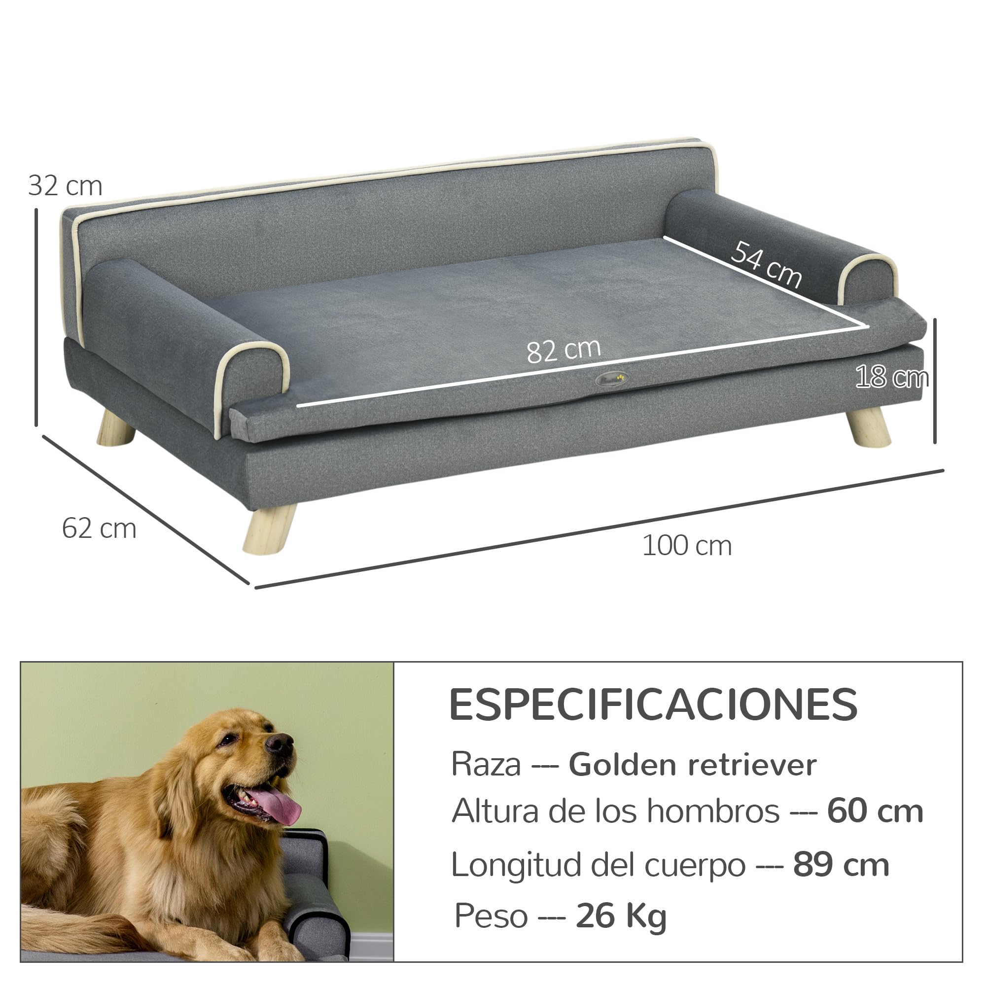 PawHut Sofá para Perros Grandes y Medianos, 100x62x32 cm, Cama Elevada para Perros, Tapizada en Chenilla, con Cojín Lavable y Patas de Madera de Pino, Gris Oscuro
