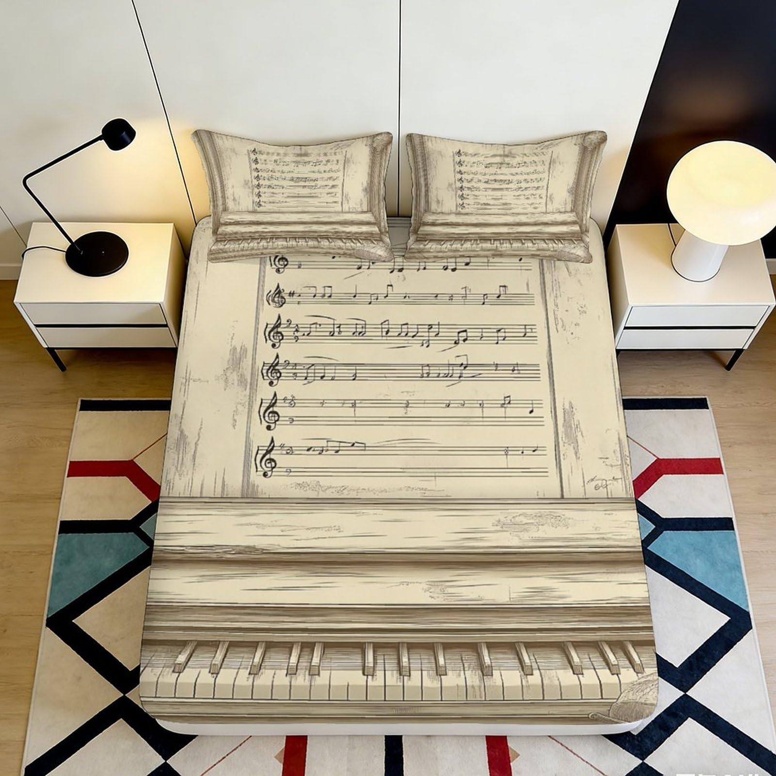 3D Printed Vintage Music Sheet Fitted Sheet Microfiber Soft Beige Piano Notes Bed Cover Bedroom Mattress Decor 90x200x25cm