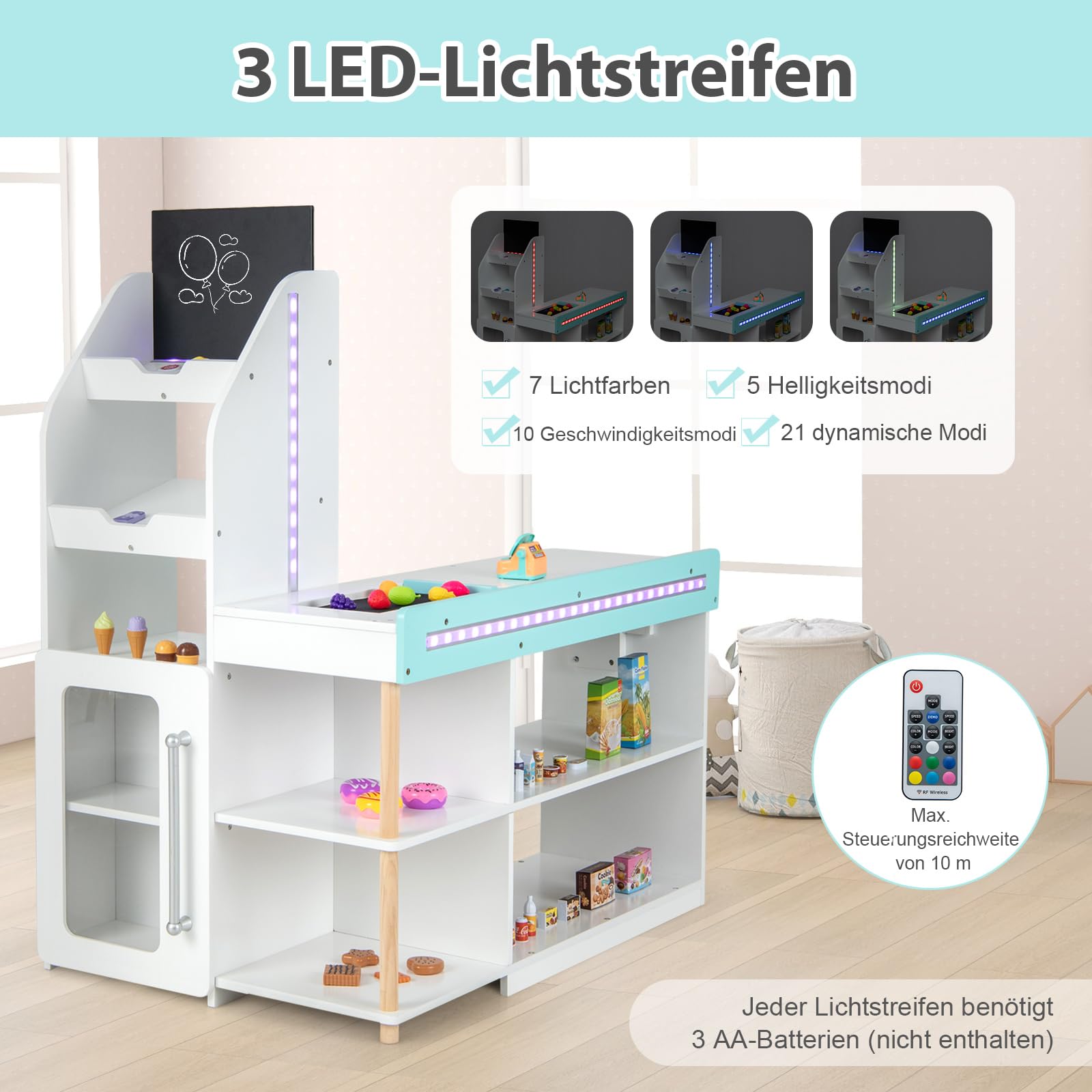 COSTWAY Kaufladen Kinder mit Einkaufswagen, Einkaufsladen Holz mit Kasse & 39 Zubehör & Tafel & LED-Lichter & Fernbedienung, Supermarkt Spielzeug für Kinder ab 3 Jahren