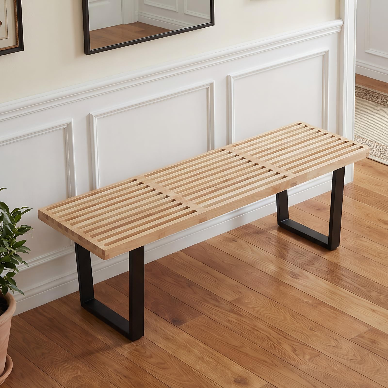 COMULER 55" Natural Wood Entryway Bench, Industrial End of Bed Bench for Bedroom, Nelson Wooden Dining Bench with Black Metal Frame, Long Bench