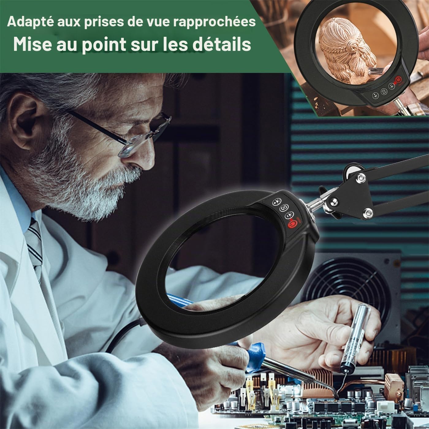 Loupe 12X avec éclairage et Support, 5 Modes de Couleur, éclairage à Intensité Variable, Lampe de Bureau et Pince 2 en 1, Loupe Mains Libres pour La Lecture, Les Travaux Manuels et Le Travail de Près