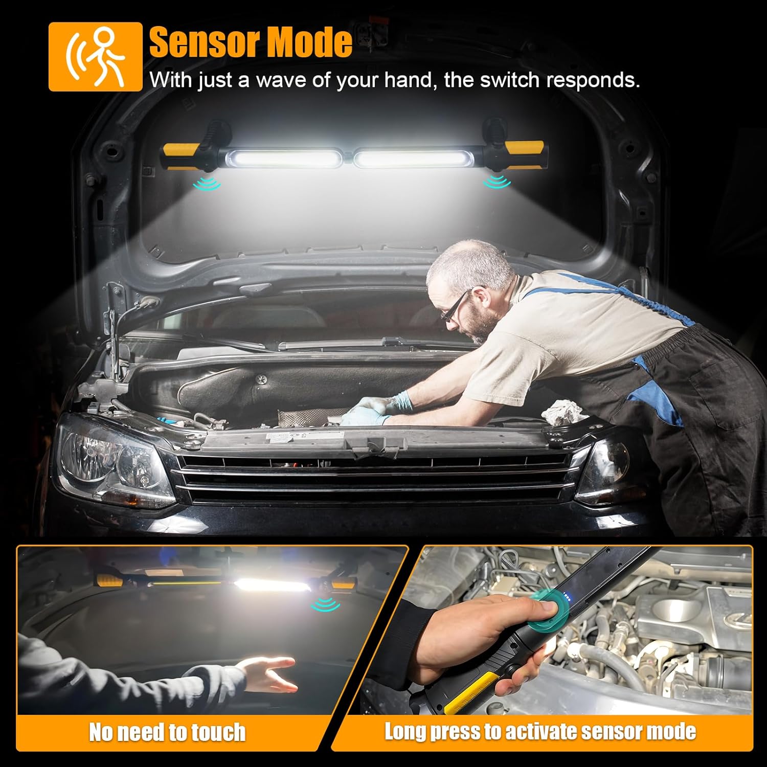 SYLSTAR Mechanic Work Light Bar with Upgraded Sensor Control - 2400LM LED, 4400mAh Rechargeable Underhood Work Light with Hooks & Magnetic Base for Car Repairing, Garage Workshop, Emergency