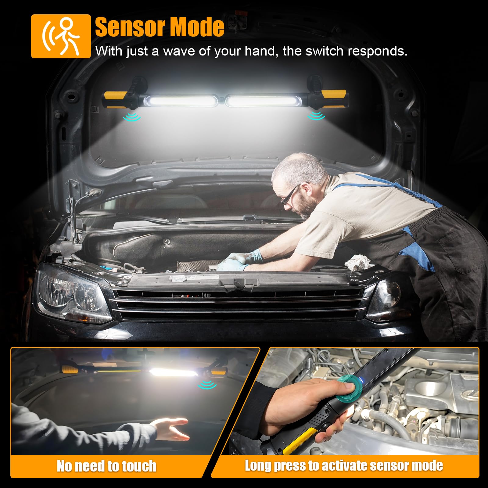 SYLSTAR Linterna Taller con Control por Sensor, 2400LM Linterna Mecanico Recargable con 3 Niveles de Brillo, 4400mAh Batería, Gancho y Base Magnética para Taller Reparación de Autos Emergencia