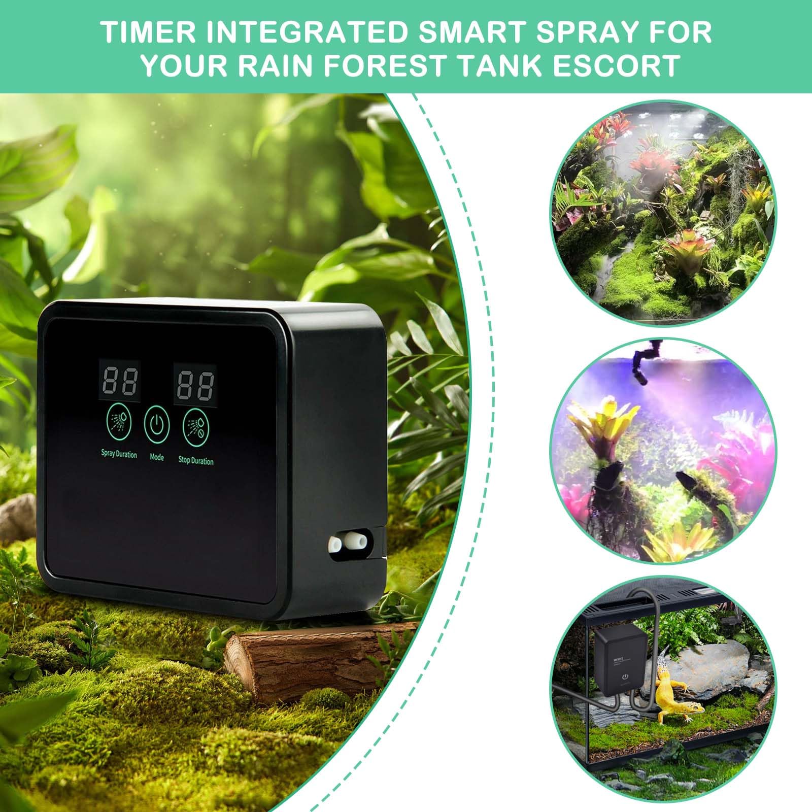 Humidificador para reptiles, sistema de niebla inteligente para terrarios con temporizador y boquillas de niebla ajustables en 360°, para reptiles, plantas, flores, selva tropical