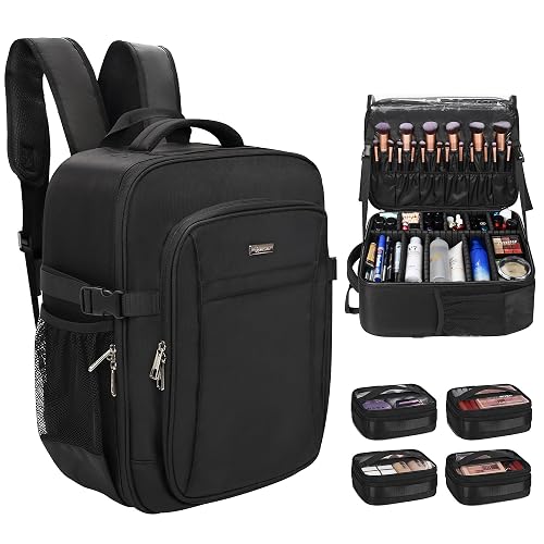 Relavel Makeup Backpack, Extra Large Train Case with 4 Pack Clear Bags