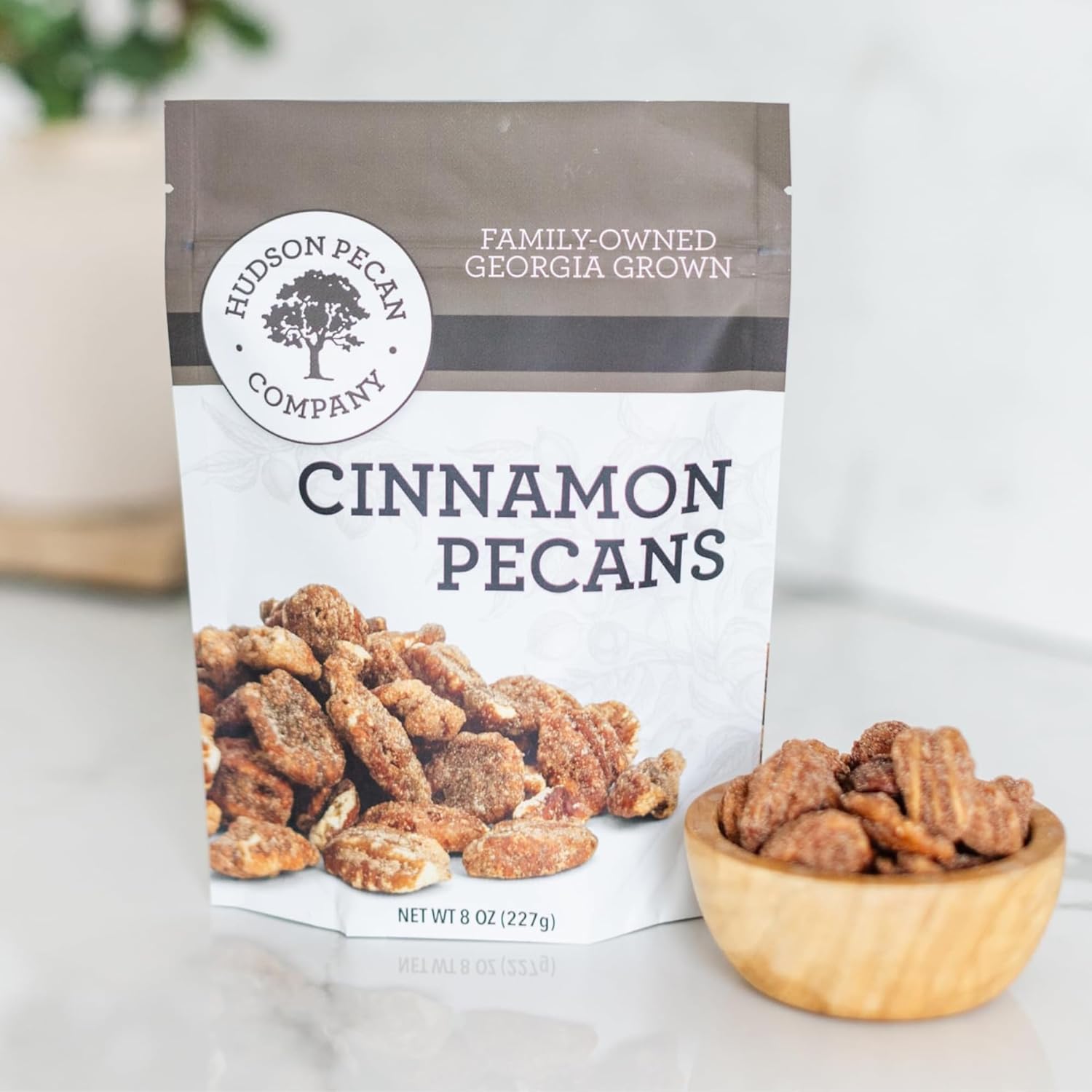 Hudson Pecan Company Cinnamon Candied Pecans - Georgia Grown, Sugar & Cinnamon Coated, Perfect for Snacking, Salads, Baking & Gifting | 8oz