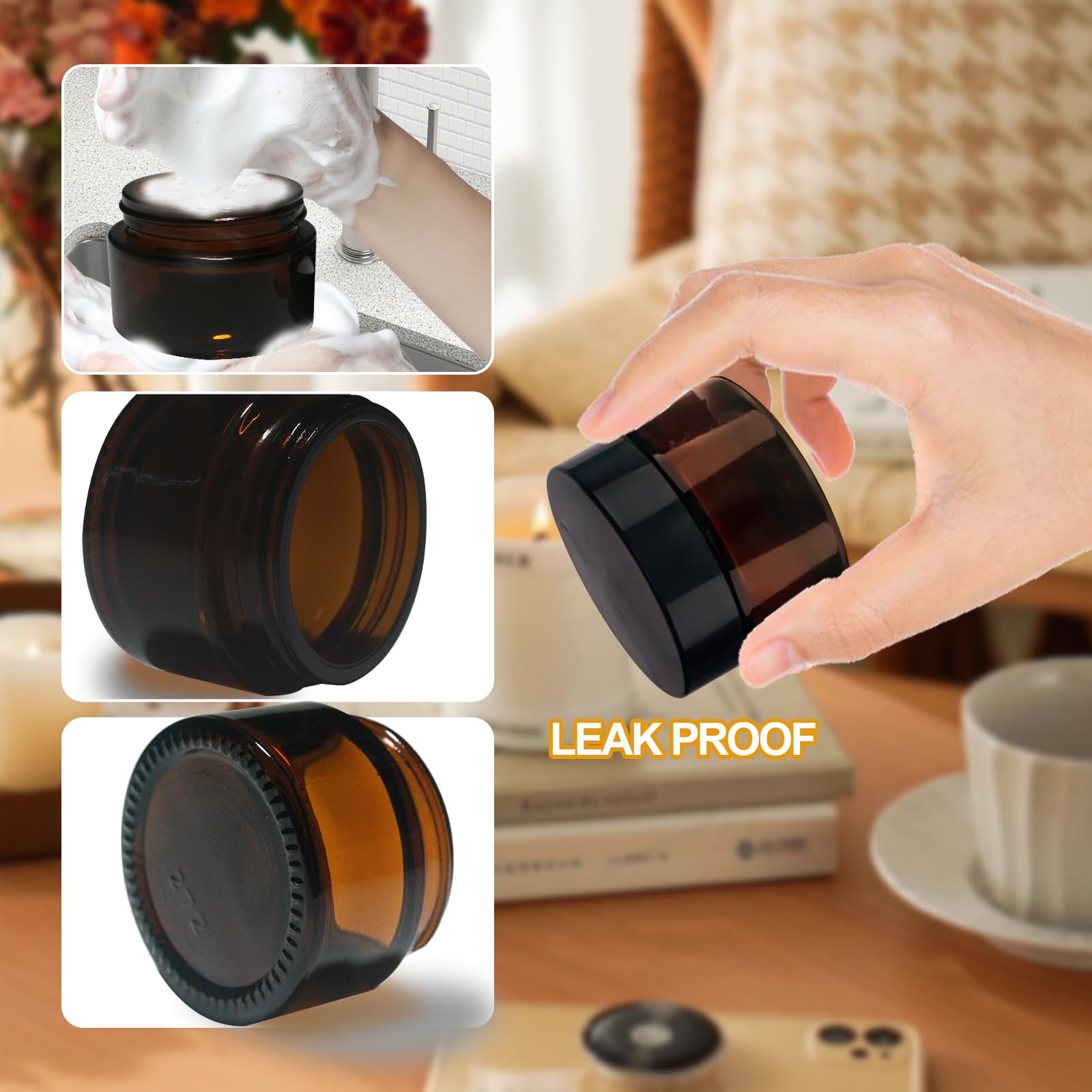 12Pcs 100ml Amber Glass Jars, Empty Cosmetic Jars with Lids - Image 4