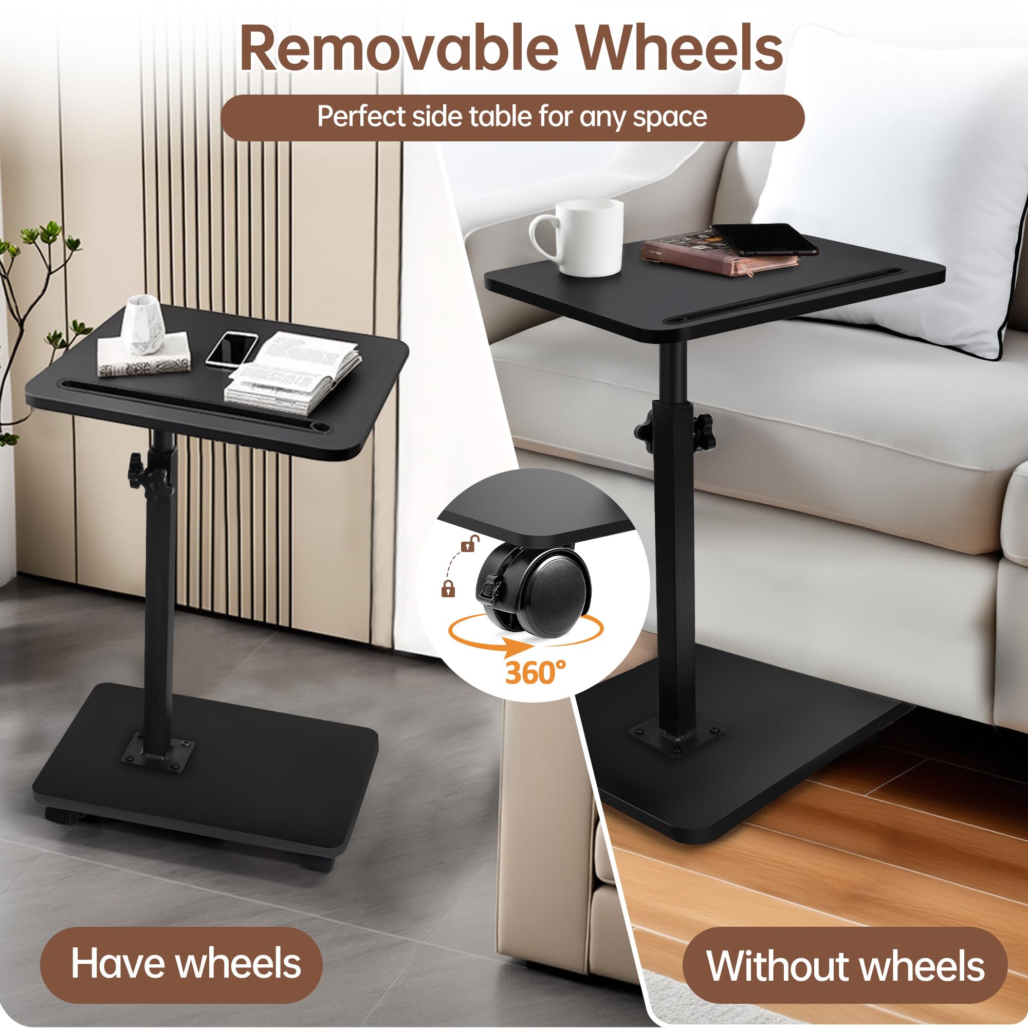 Mesa auxiliar en forma de C con ruedas, mesa auxiliar giratoria de 360° de altura ajustable, bandeja de TV, mesa de sala de estar, dormitorio, bandeja de brazo para cama, silla con ranura