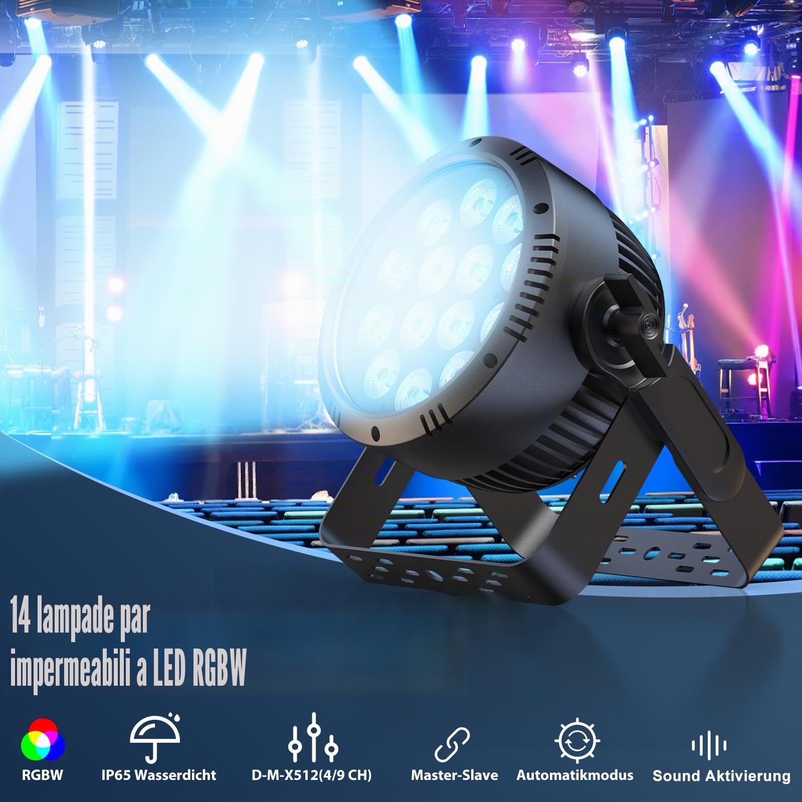 RGBW 200W Par LED IP65, 14 LED Faretto Luce da Palco Impermeabile con Stroboscopio, Illuminazione Discoteca per Feste Eventi Giornate di Pioggia Spettacoli DJ Esibizioni Festival
