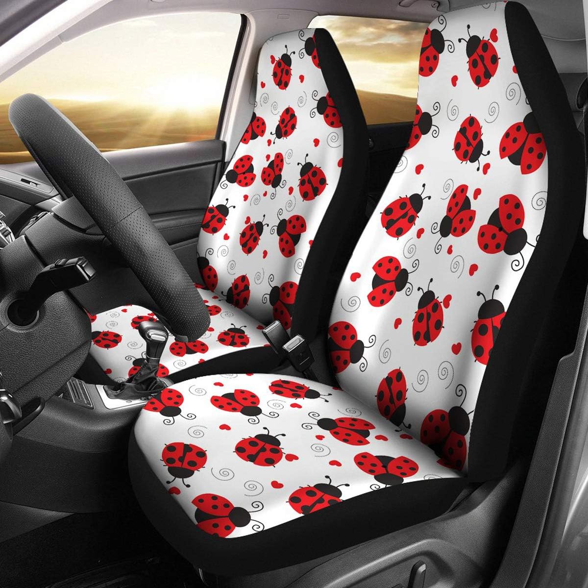 Ladybugs Love Pattern Universal Car Front Seat Covers (Set of 2) - Custom Seat Protector Ladybug Lover Gift