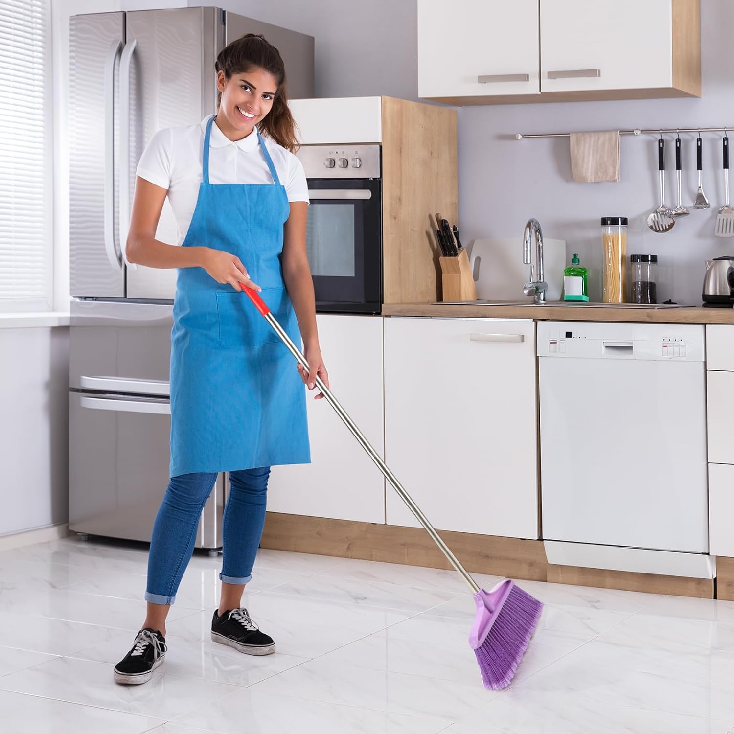Lasnten Lasnten 8 Pack Heavy Duty Broom for Indoor Outdoor 49 Inches Commercial Broom with Stainless Steel Detachable Long Handle Commercial Cleaning Tools for Home Garage Office Patio Floor, Purple