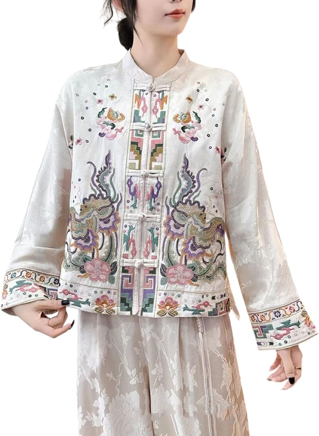 Women's Chinese Round Neck Embroidered Frog Button Tang Suit Top