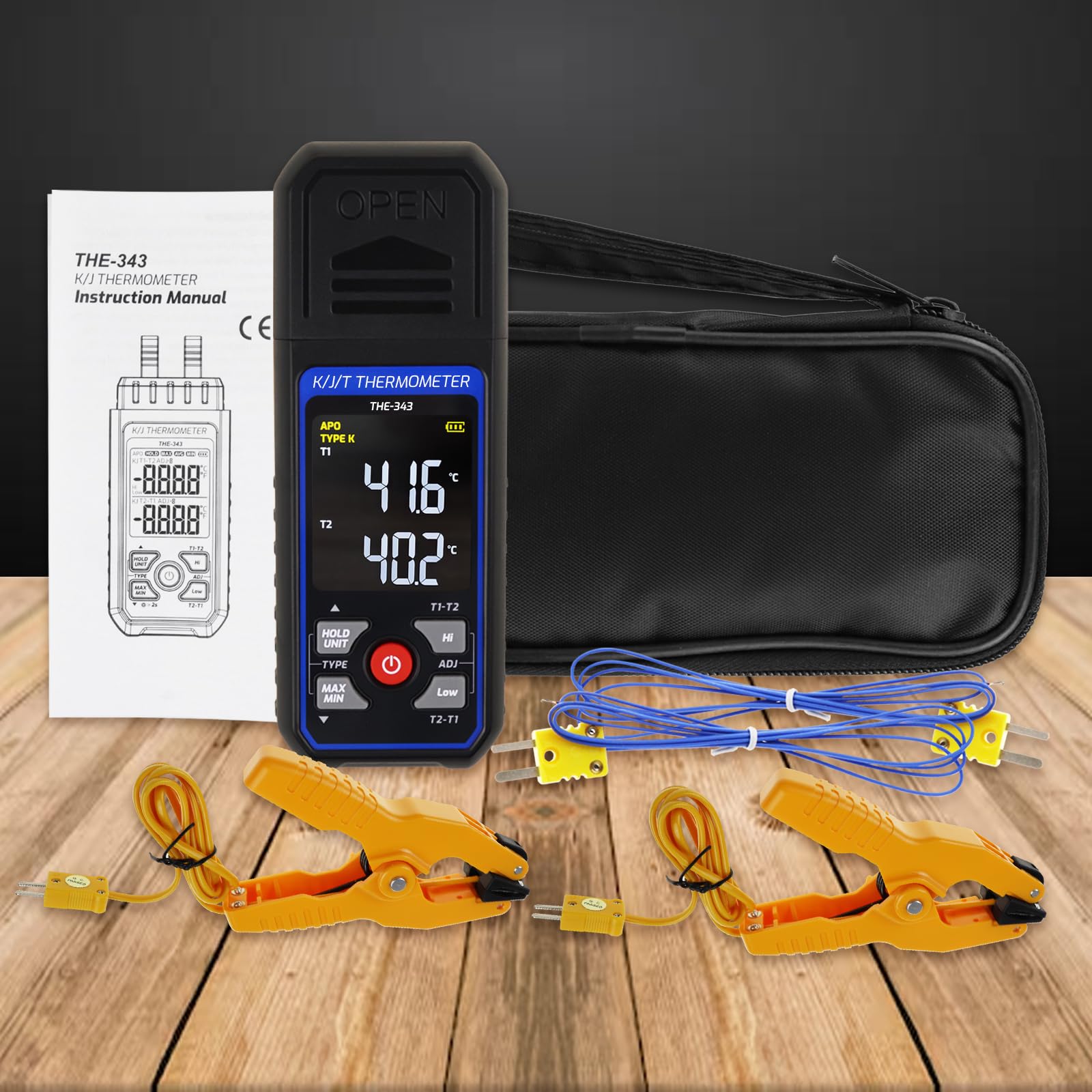 Thermomètre Numérique à Thermocouple pour CVC avec 2 Pinces Thermométriques et 2 Sondes à Thermocouple Filaires, Double Canal avec Alarme et Compensation ADJ (-328~2500 ℉)