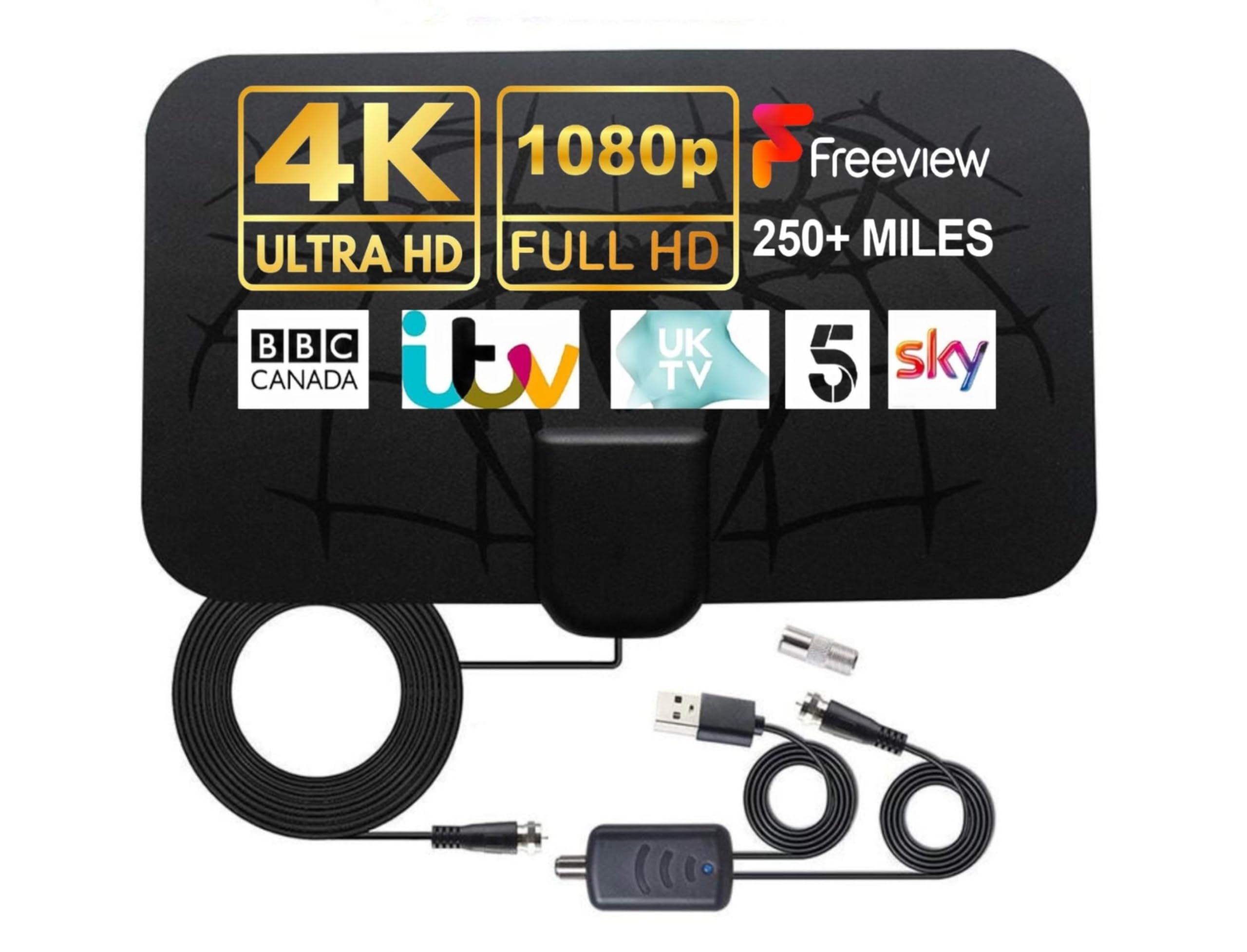 Antenna TV, Antenna TV Interna HDTV Digitale 250+ Miglia Amplificata con Amplificatore di Segnale Support 4K HD/VHF/UHF per Home Smart Televisione/Radio