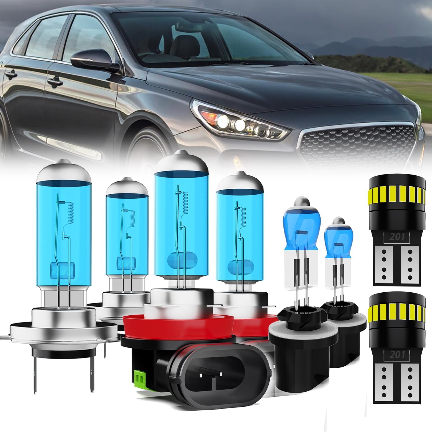 Headlight Bulbs License Plate Lights Fit For Hyundai Elantra 2007-2017, H7 High Beam + H11 Low Beam + 880 Fog Lights Halogen Light Bulb + License Plate Lights, Pack of 8