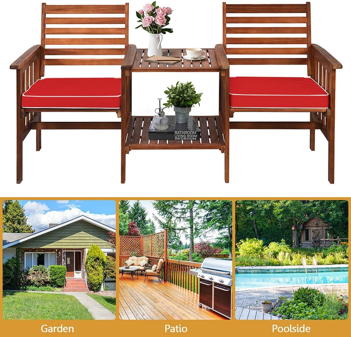 HAPPYGRILL Acacia Wood Loveseat with Table Patio Bistro Set Wooden Table Chairs Set with Cushions, Outdoor Furniture Set with Umbrella Hole for Garden Balcony