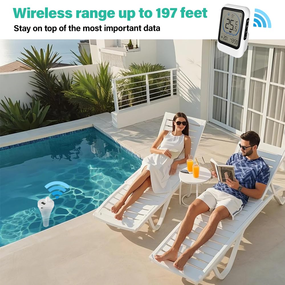 Thermomètre Piscine, Thermomètre de Piscine Flottant sans Fil Radio avec Moniteur, Étanchéité IP68 – Pour Baignoires, Aquariums, Piscines et Bassins