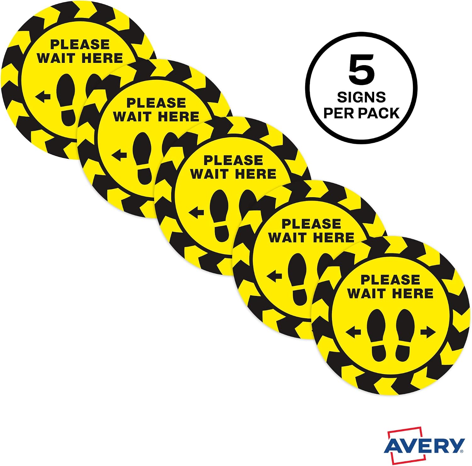 Avery"Please Wait Here" Yellow Social Distancing Floor Decals, 10.5" Diameter, 5 Removable Decals (83020)