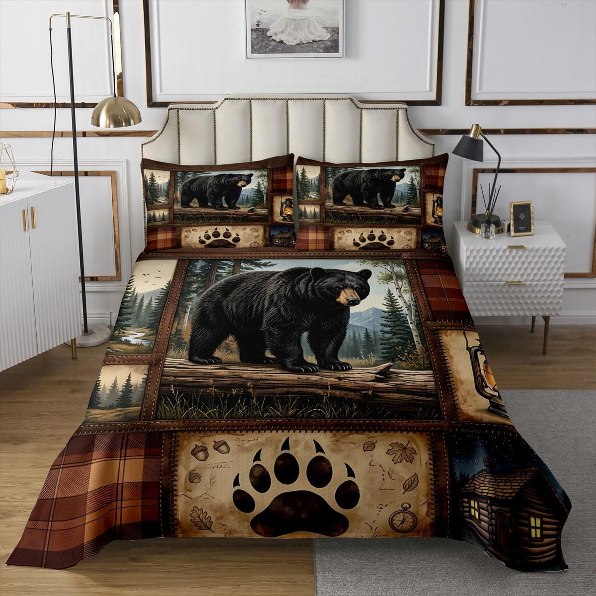 Homewish Bear Cabin Bedspread,Jungle Animal Paw Print Bedding Sets for Kids Teens Adults,Vintage Grid Lodge Theme Coverlet Set with 1 Pillowcase,Twin Size 2 Pcs