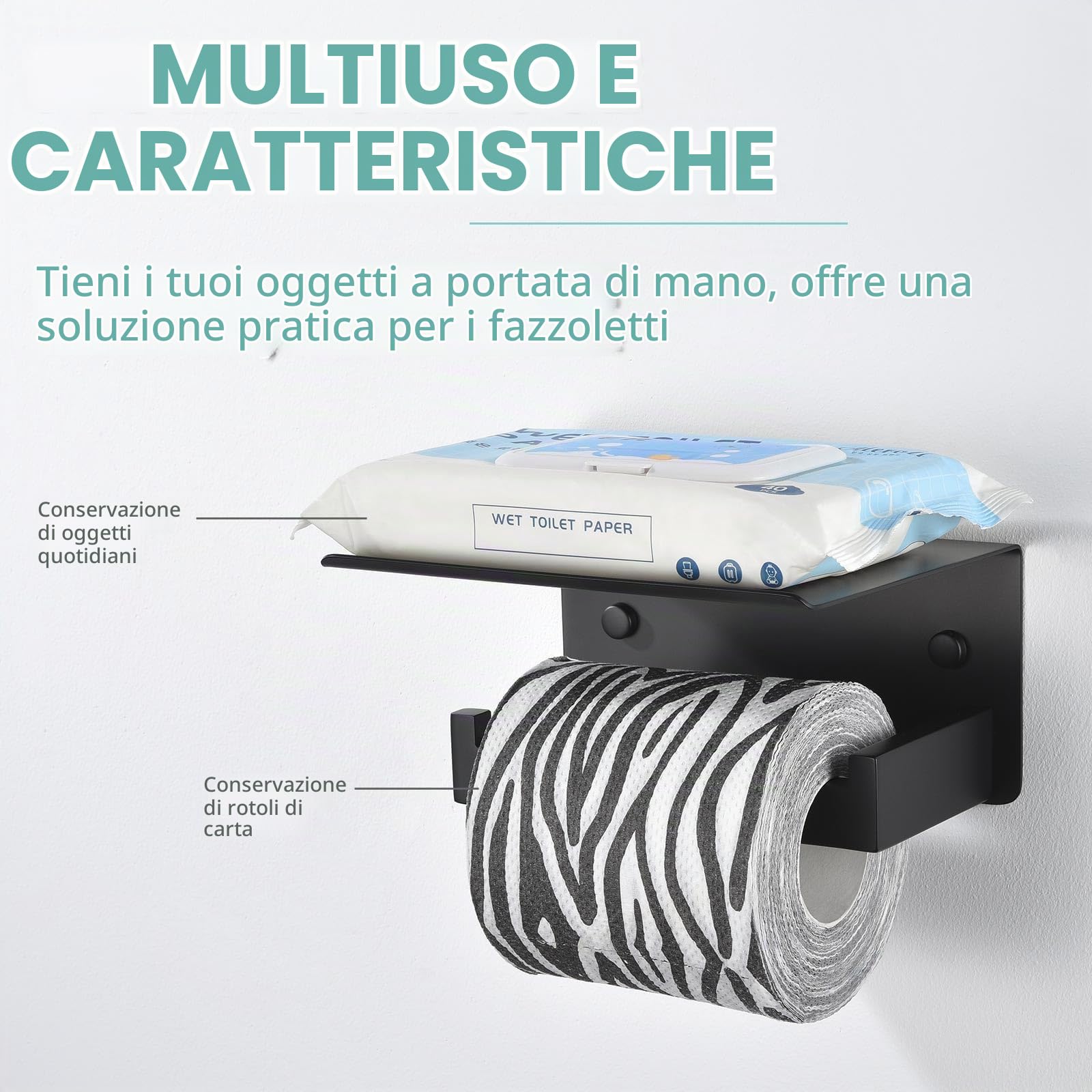 APLusee Porta carta igienica nero opaco con mensola, lato sinistro, in acciaio inox 304, montaggio a parete