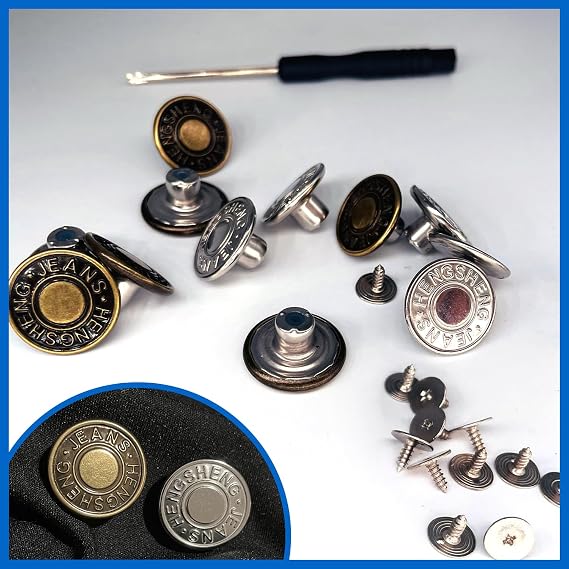 12 PCS Jean Buttons, 17mm No Sew Adjustable Jeans Buttons, Removable Metal Button with Screwdriver Replacement Jean Button, for Jeans, Pants, Bags, Denim Clothing (Bronze+Silver)