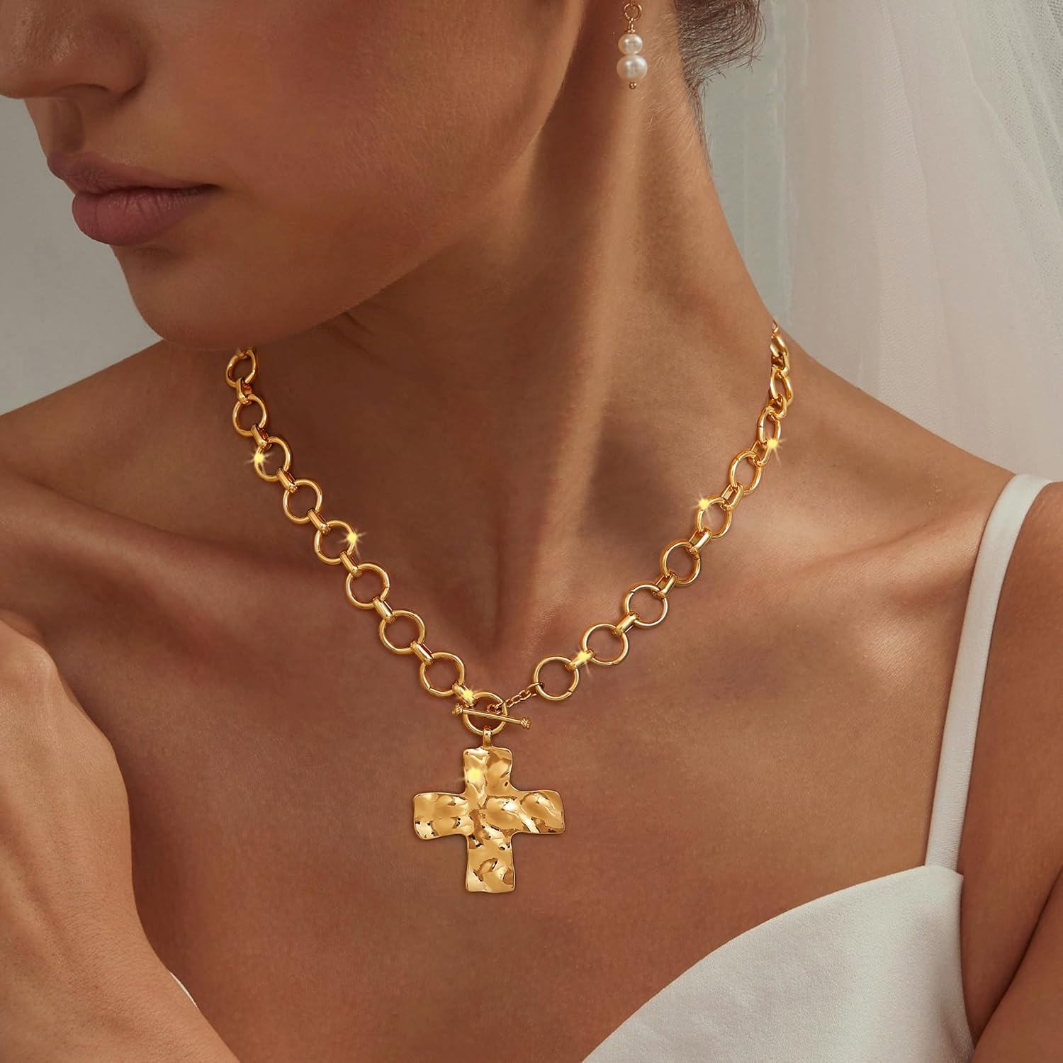 Cross Necklace for Women - Dainty 14K Gold Plated Chunky Cross Pendant Necklaces Trendy Toggle Clasp Choker Chain Religious Charm Jewelry - Image 3