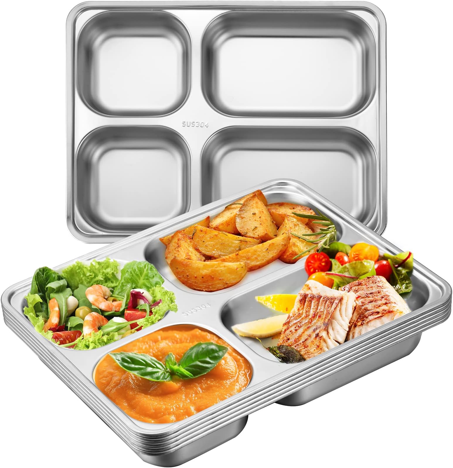 CHENGU 5 Pack Stainless Steel Divided Plates Stainless Steel Plates Metal Dinner Plates for Adults Snack Food Portion Plates with Compartments Serving Plate Dividers for Food Control (4 Sections)