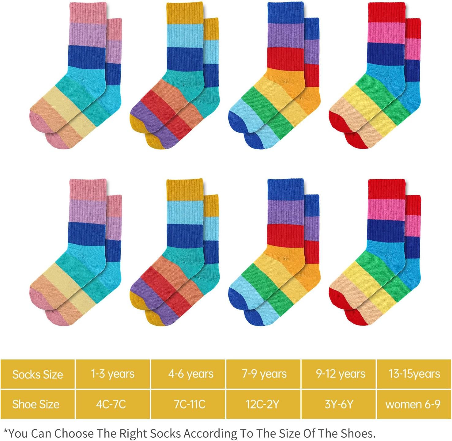 MINI PANDA 8 pairs crew socks for girls, Girls Rainbow Stripe cotton Socks - Image 3