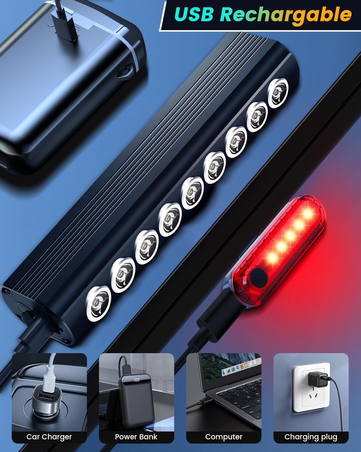 Super Bright Bike Lights for Night Riding- USB Rechargeable Bicycle Headlights, IPX5 Waterproof Bike Headlight and Taillight, Bicycle Light Set for Adult Kid Mountain Road Commuter Cycling