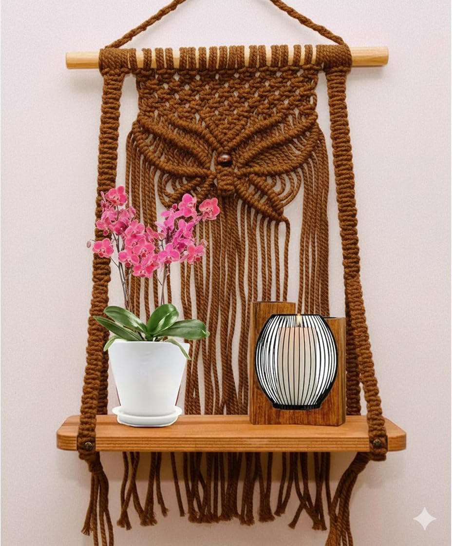 Macrame Wall Hanging Shelf, Brown Woven Cotton Rope with Wooden Plank, Boho Home Decor, Floating Plant Display with Tassels-image-21