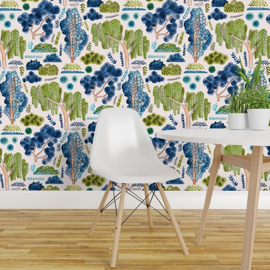 Removable Wallpaper 9ft x 2ft - Cute Watercolor Chinoiserie Garden Green Blue Nature Trees Asian Style Custom Pre-Pasted Wallpaper by Spoonflower