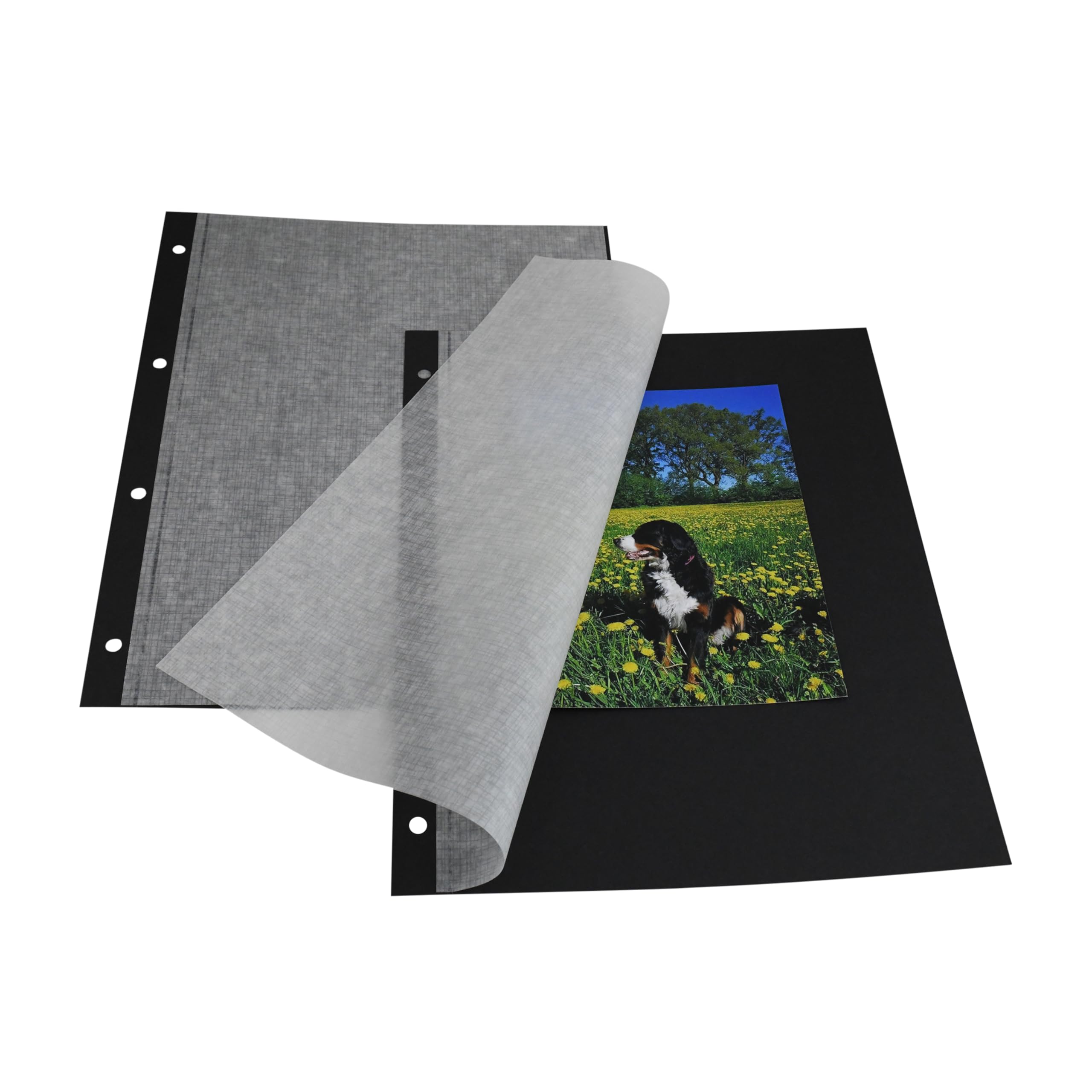 MASHPAPER Kartony fotograficzne, czarne, 230 g/m², 23,2 x 29,7 cm, z pergaminową kartą ochronną, 4-krotne dziurkowanie, arkusze do albumu fotograficznego, 100 arkuszy