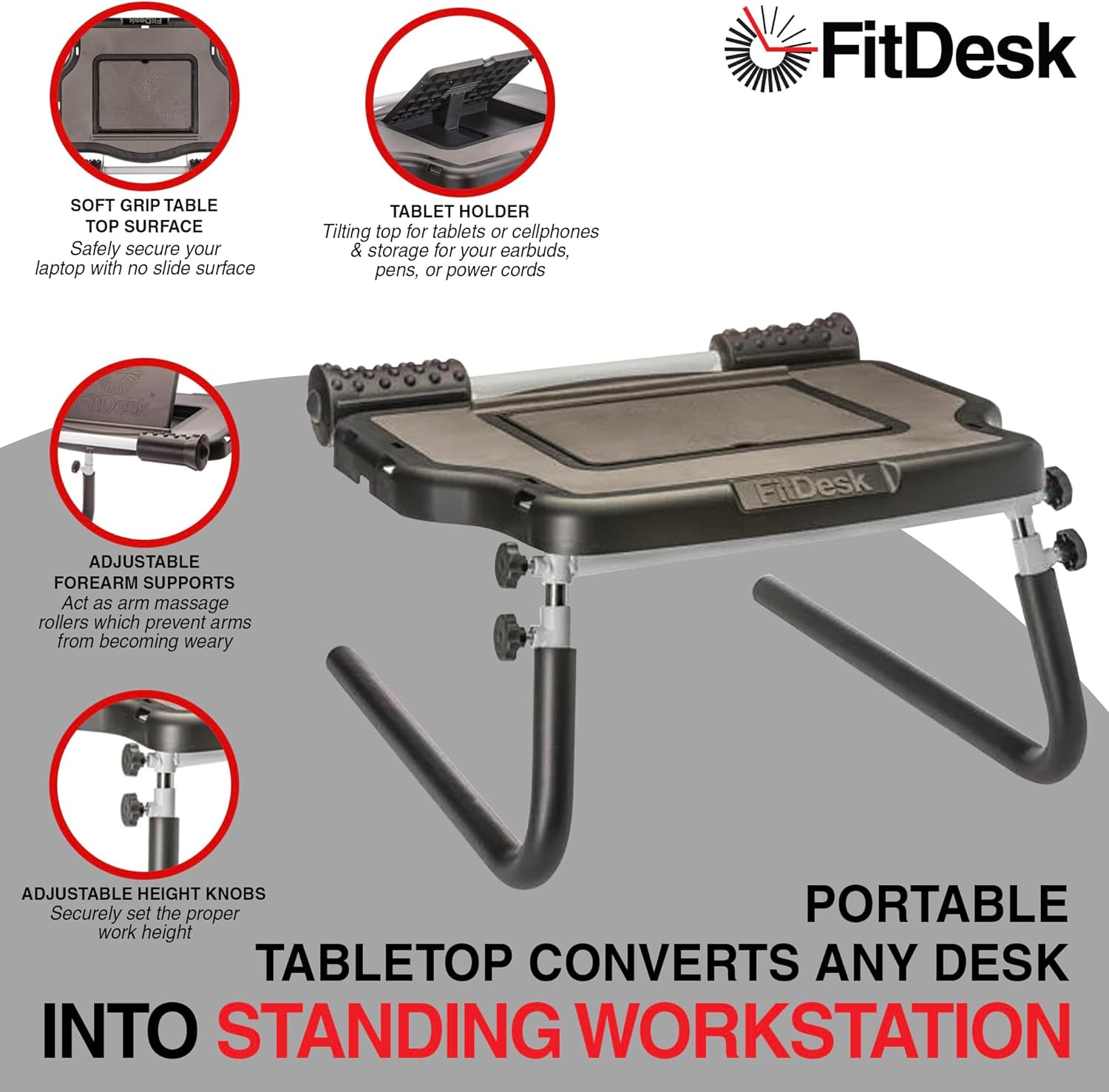 FitDesk テーブルトップスタンディングデスク マッサージローラーと前腕サポート付き ソフトグリップサーフェスタブレットホルダー