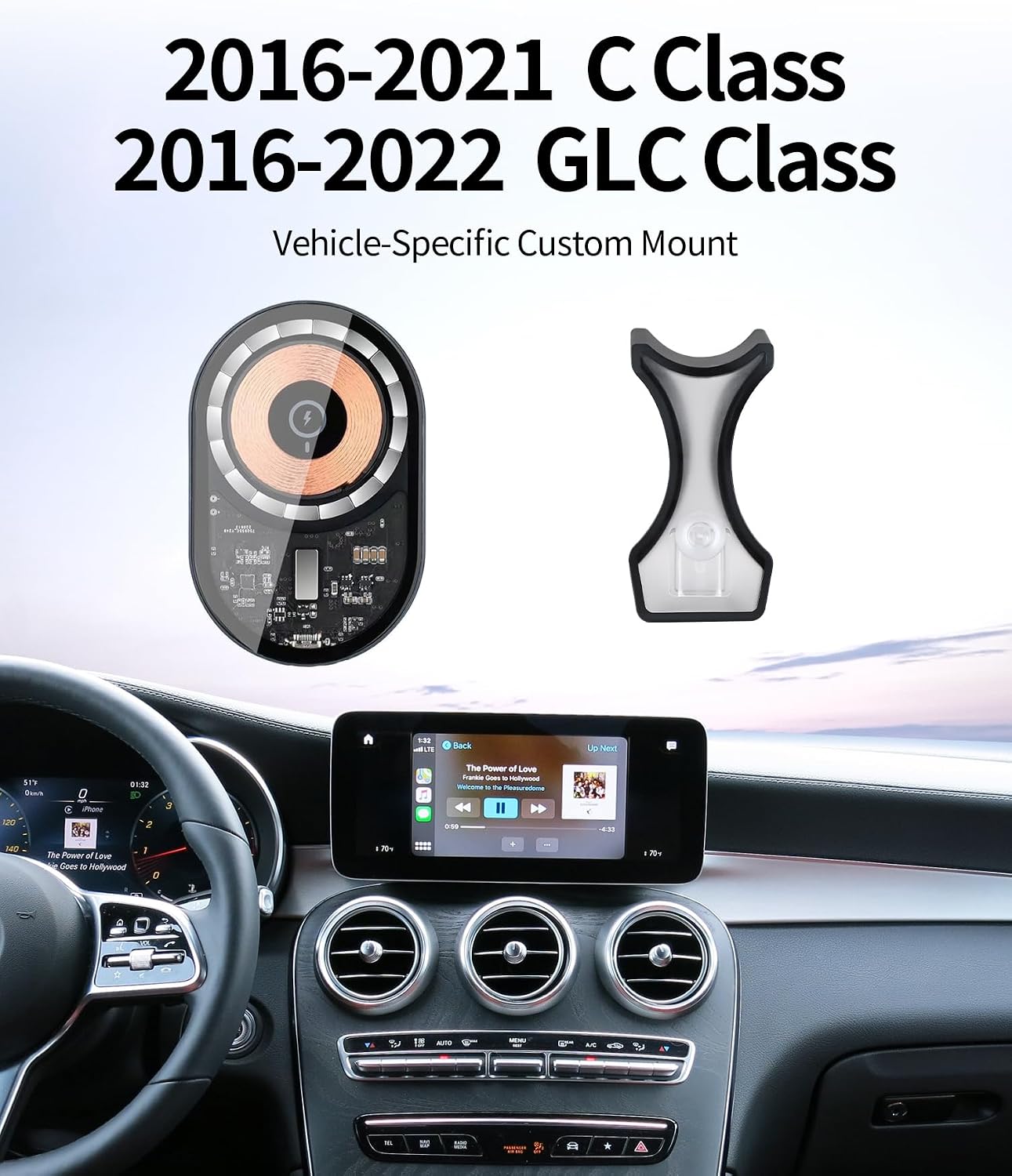 Wireless Charging Car Phone Holder for Mercedes Benz GLC Class 2016-2022 / C Class 2016-2021 Auto Accessories, 360° Rotation Car Phone Mount Compatible with MagSafe