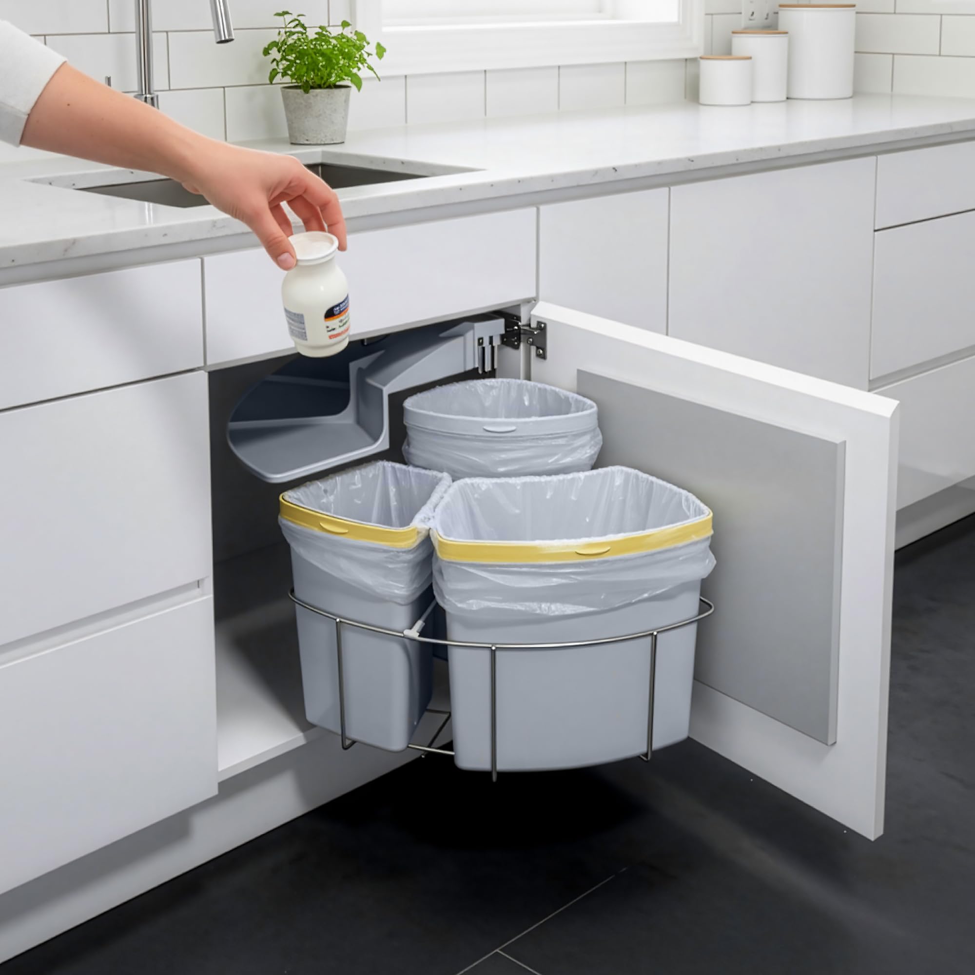 [en.casa] Einbau-Mülleimer Küche Kollby Mülltrennsystem 3fach für Unterschrank 50 cm breit 2 x 12L+1 x 6L Einbaumülleimer schwenkbar mit Deckel Grau