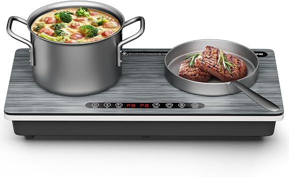 1800W Dual Induction Cooktop, Silver Wood-Grain Panel, 2900W Burners, Touch Control, 8 Heating Levels, Timer, Black Ceramic Glass, Compatible with Magnetic Cookware