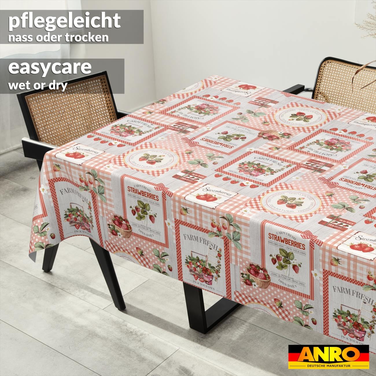 Wachstuch Tischdecke abwaschbar Wachstischdecke pflegeleicht Lotuseffekt Outdoor Gartentischdecke Erdbeeren 220 x 140 cm (Oval)