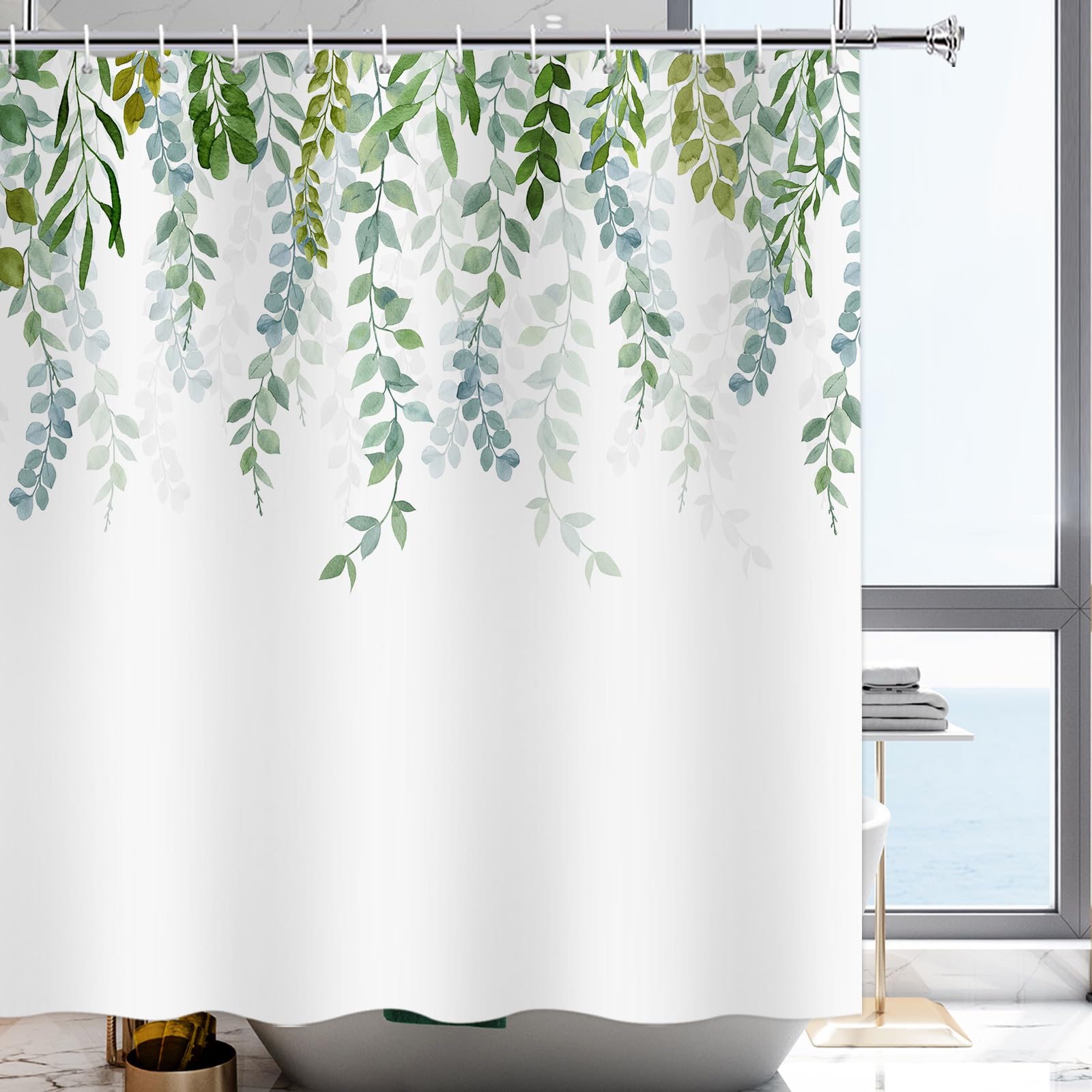 Rideau de douche polyester lavable 200x220 vert eucalyptus pour grande baignoire