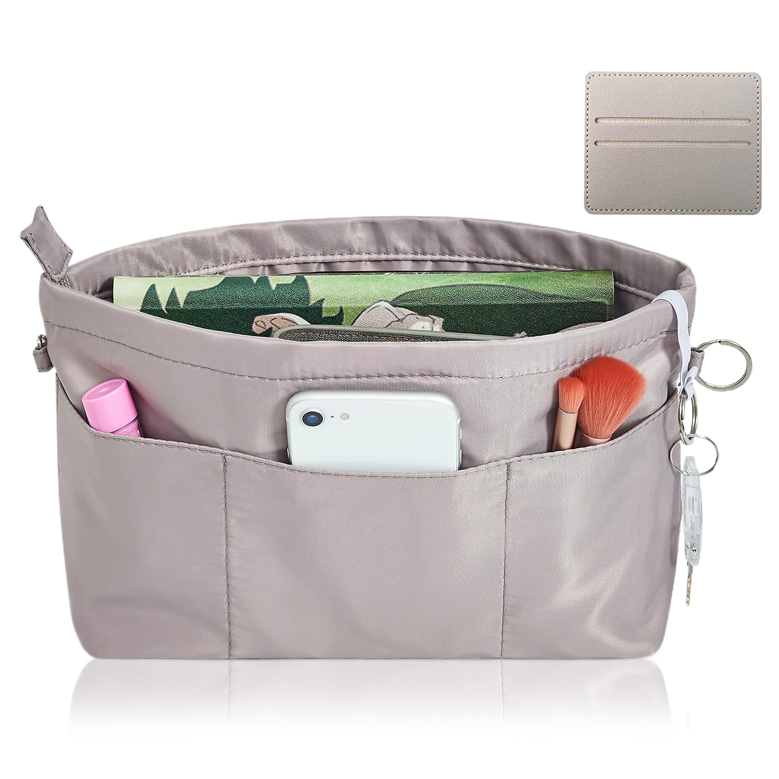 HEUIOP Handbag Organiser & Card Holder Wallet,Nylon Waterproof Large Bag Organiser Insert With Zipper and 12 Pockets,Bag Insert for Women Tote Handbags (Grey, XL)