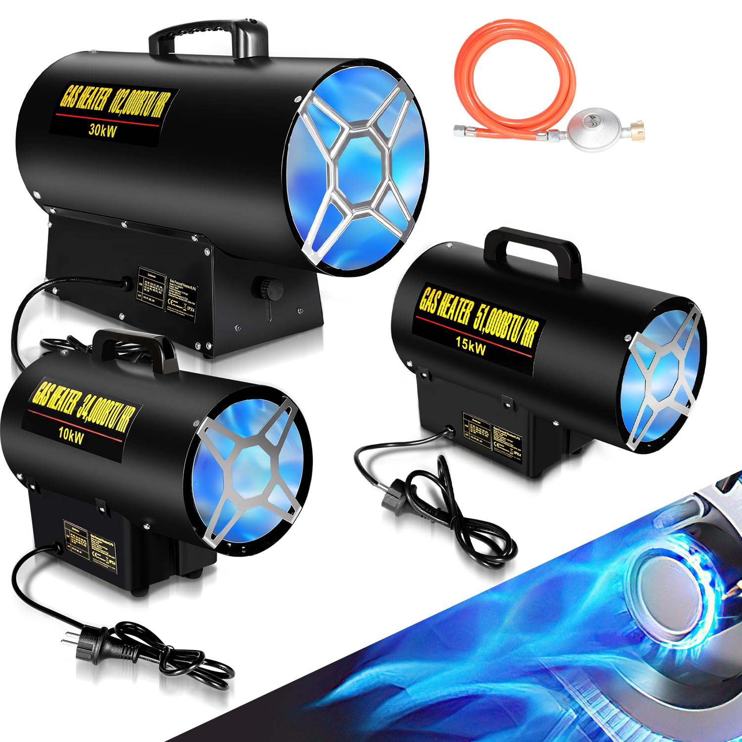 Ikodm Chauffage à gaz pour intérieur 30 kW 220 V Chauffage à gaz soufflant au gaz propane 650 m³/h Débit d'air avec tuyau de gaz de 1,2 m et soupape de réduction de pression 700 mbar