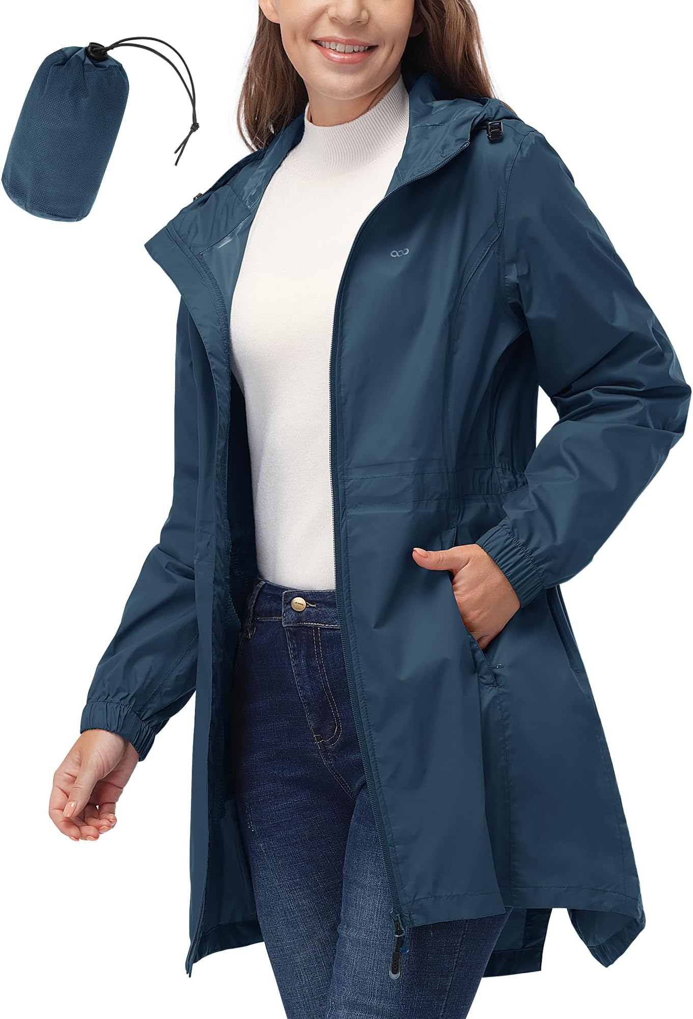 Women's Waterproof Long Rain Coats Packable Rain Jacket with Hood Trench Coats Windbreaker