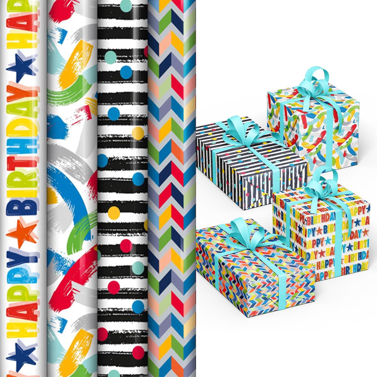 ZOPPER 4 x 3M Happy Birthday Gift Wrapping Paper Roll Suitable for Adult and Kids in Any Special Occasion, Wedding, Birthday, Christmas or Festive Decoration. (Image May Vary) Total 12M