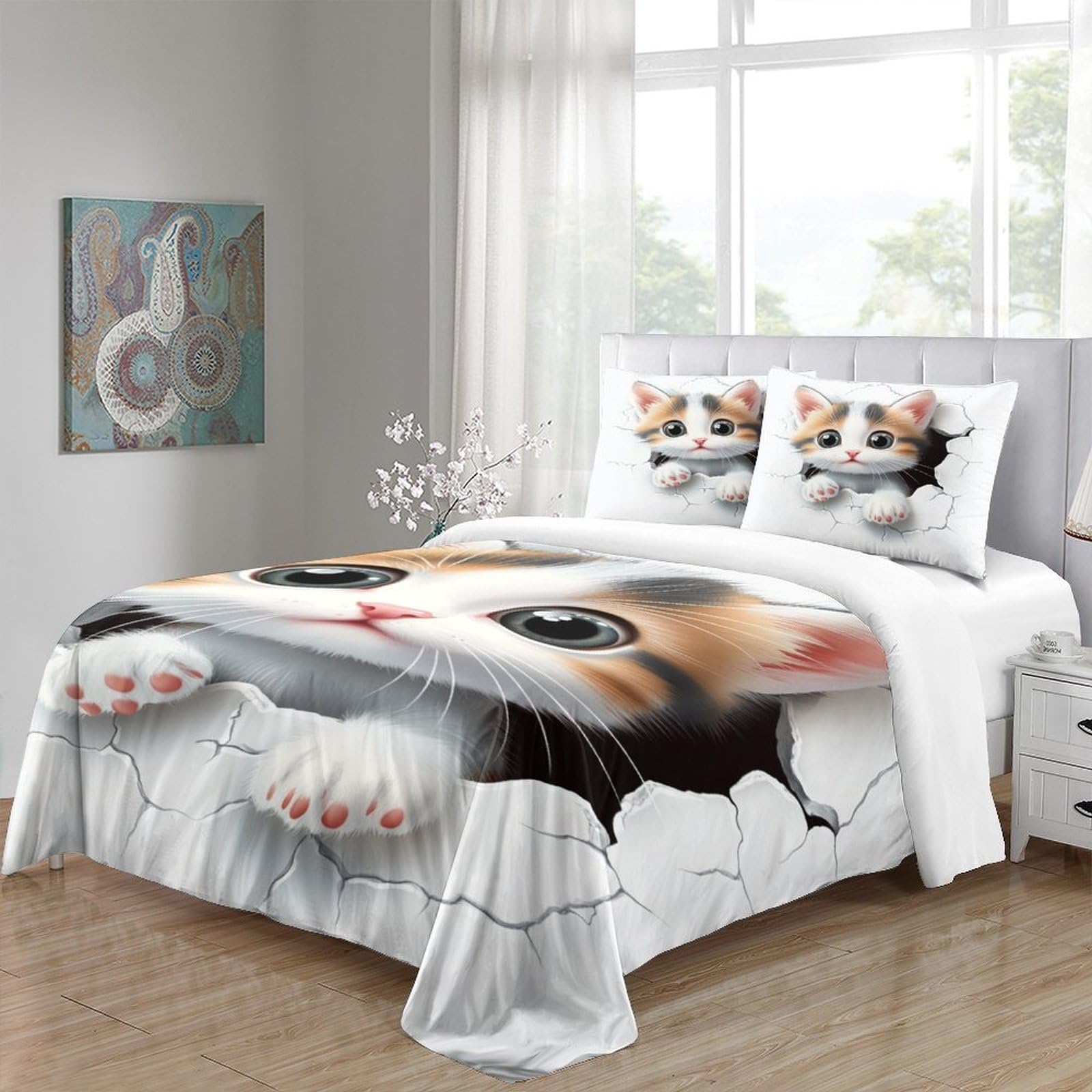 Gattino carino che sbircia 3D Stampa Coperta Letto 3pz Microfibra Antimacchia Fumetto digitale Coperteletto 2 federe Resistente Sbiadimento Adulti Coppie Super king（260x220cm）
