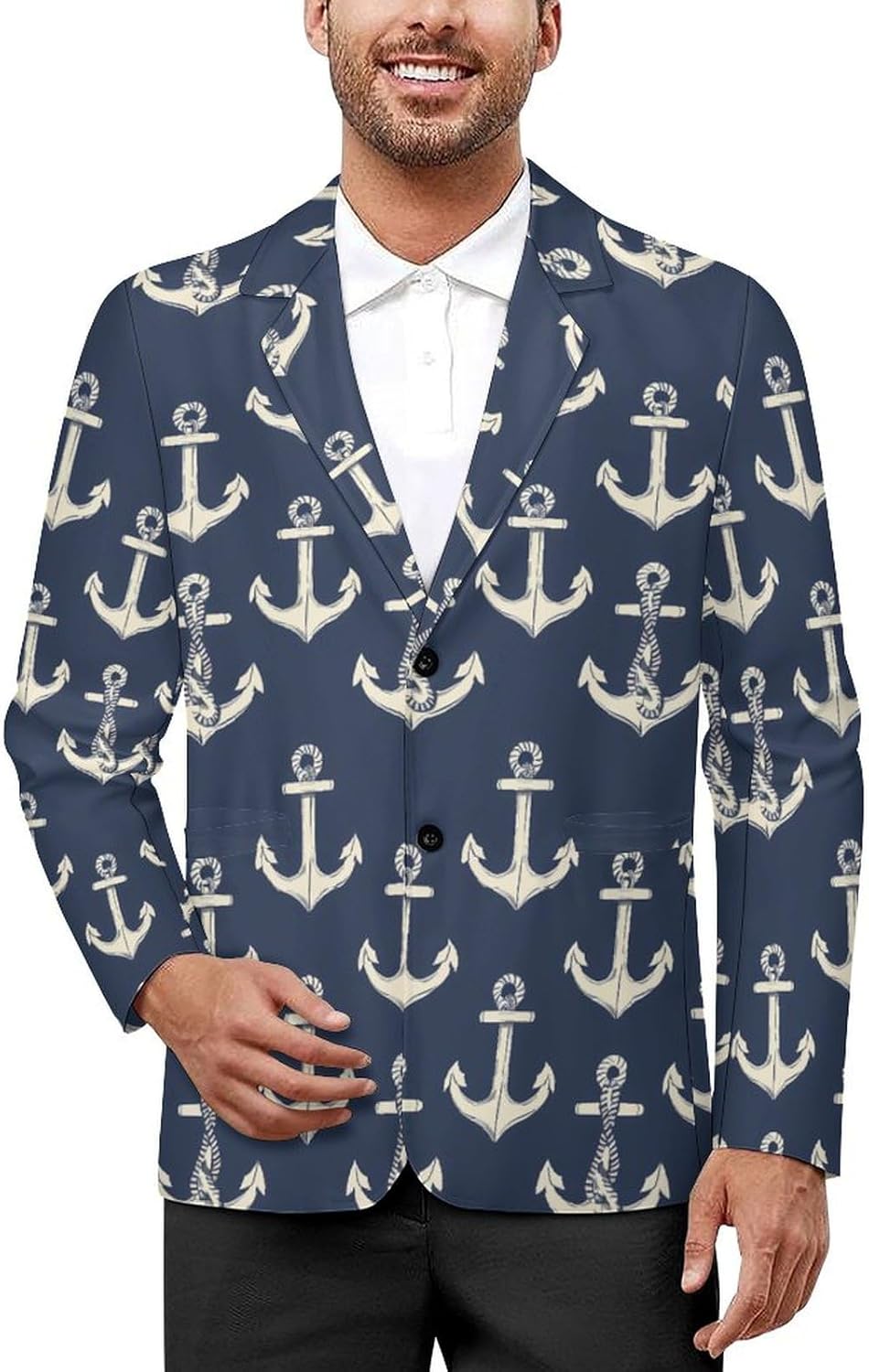 Anchors Nautical Pattern Mens Casual Blazer Button Suit Jacket Lightweight Sport Coat for Work Business