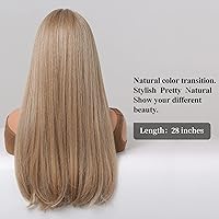 Vista 12 de HAIRCUBE Peluca de color marrón a rubio con flequillo para mujer, peluca de cabello largo ondulado marrón y rubio, pelucas sintéticas rizadas
