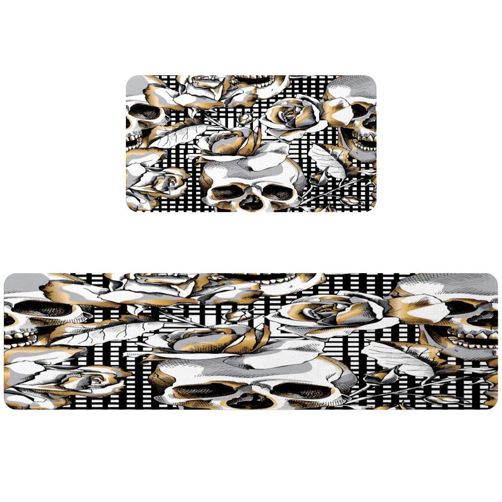 Lot de 2 tapis de cuisine à carreaux noirs et blancs motif tête de mort dorée