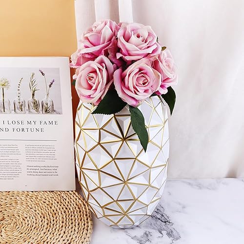 Miniatura 2 de Florero de cristal dorado con diseño de rombos en jarrón grande de flores blancas, jarrones modernos para estantería, mesa de comedor, sala de